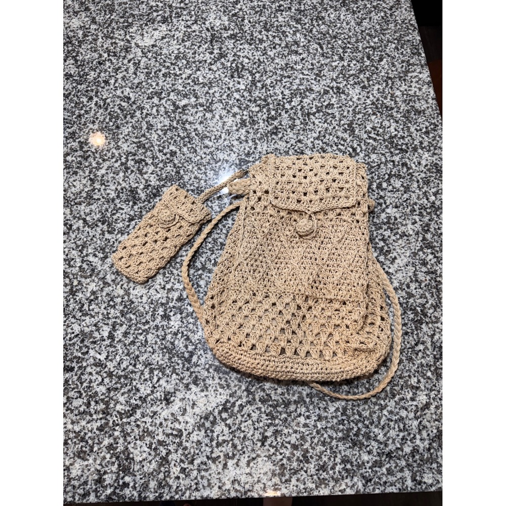 Woven Crochet Backpack Womens OS Tan Straw Paper Boho Coastal Indie Festival 90s